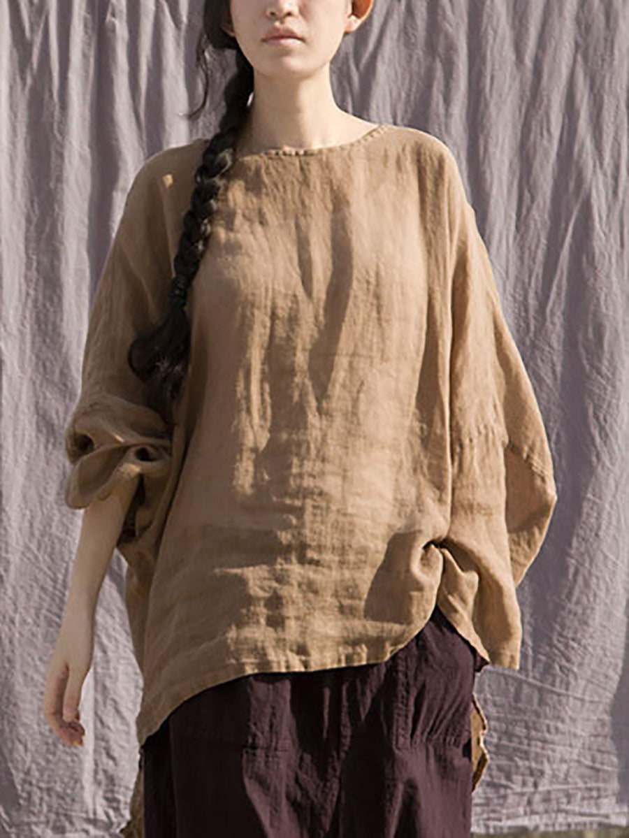 Women Summer Solid Casual Loose 100%Ramie Shirt PP1040