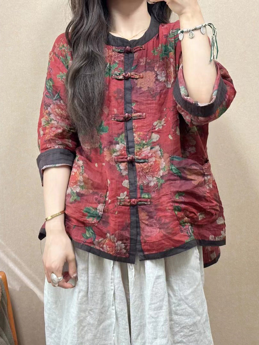 Women Vintage Flower Spliced Button-up Ramie Shirt PP1050