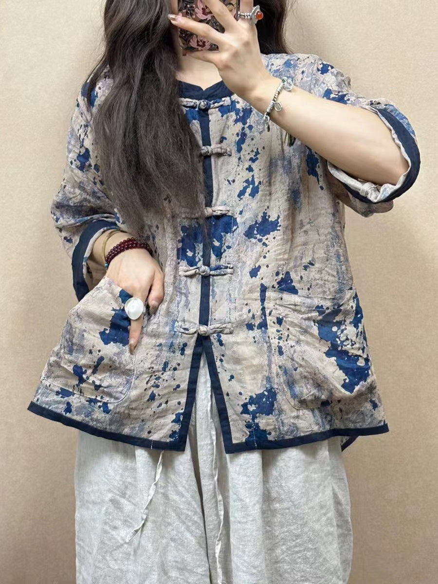 Women Vintage Flower Spliced Button-up Ramie Shirt PP1050