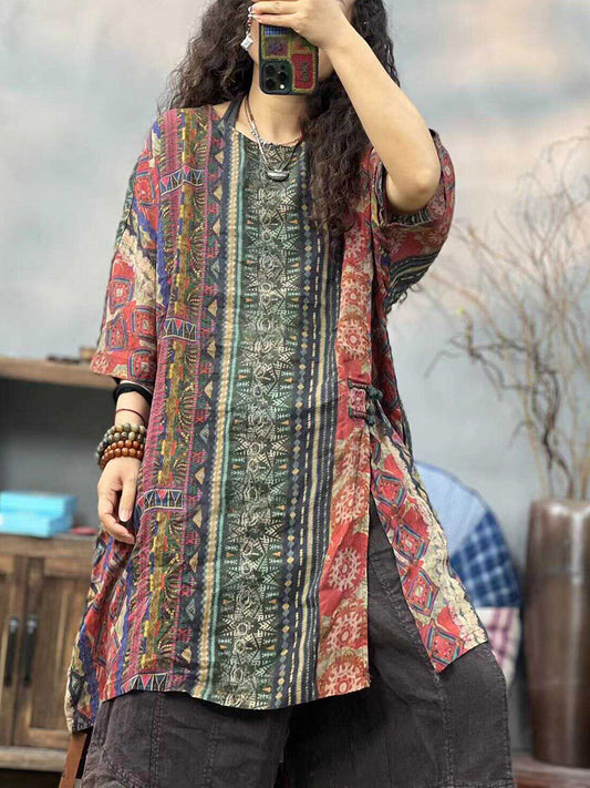 Women Summer Ethnic Print O-Neck Split Hem Shirt PP1003