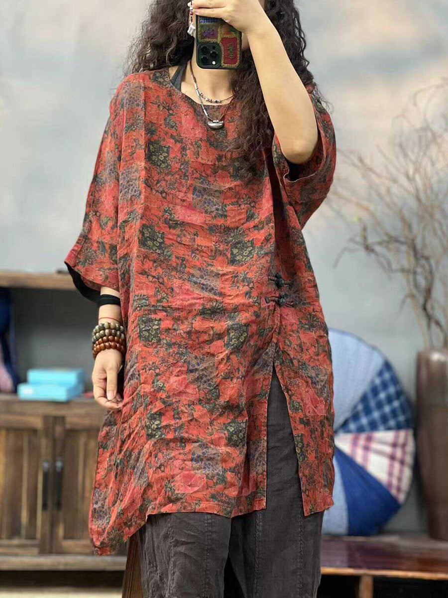 Women Summer Ethnic Print O-Neck Split Hem Shirt PP1003