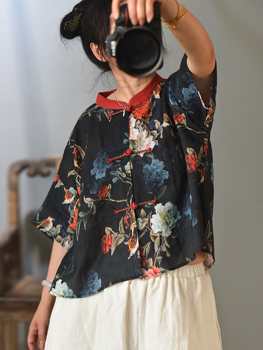 Women Summer Vintage Flower Spliced Button Ramie Shirt PP1004