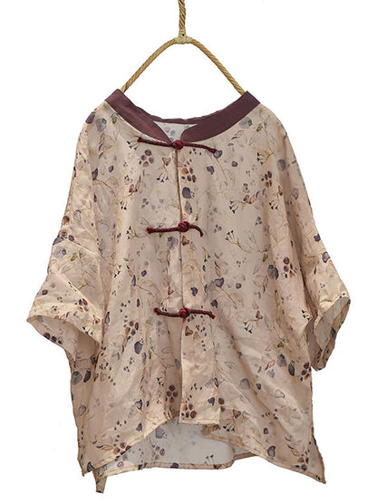 Chemise d'été en ramie à boutons épissés et à fleurs vintage pour femmes PP1004