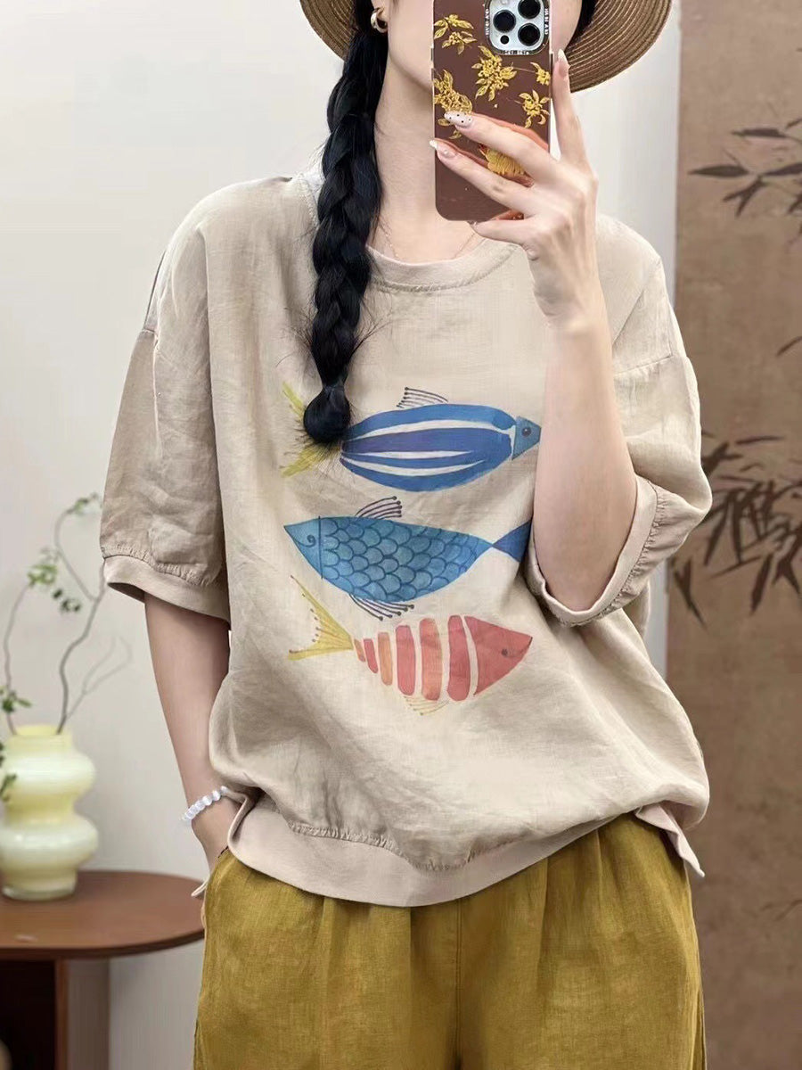 Women Summer Casual Fish Print O-Neck Ramie Shirt PP1007