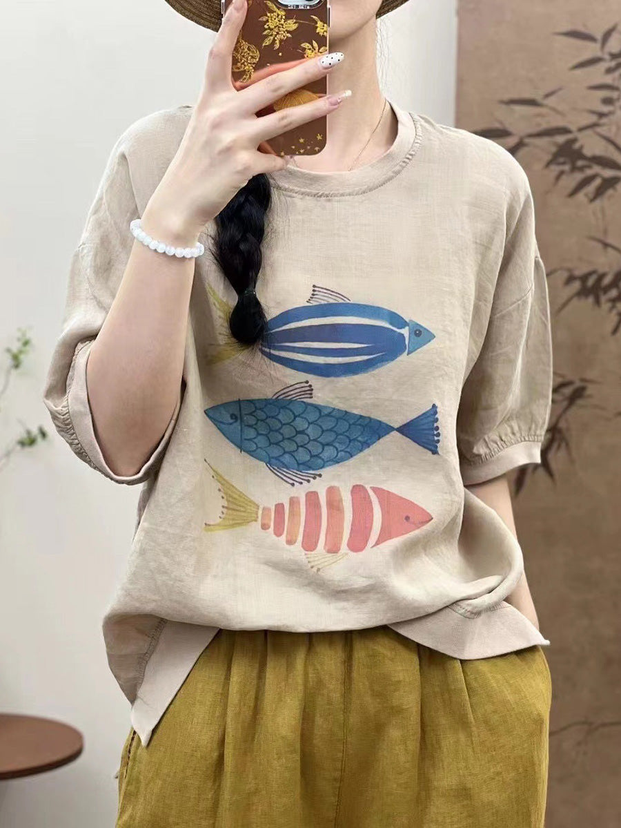 Women Summer Casual Fish Print O-Neck Ramie Shirt PP1007