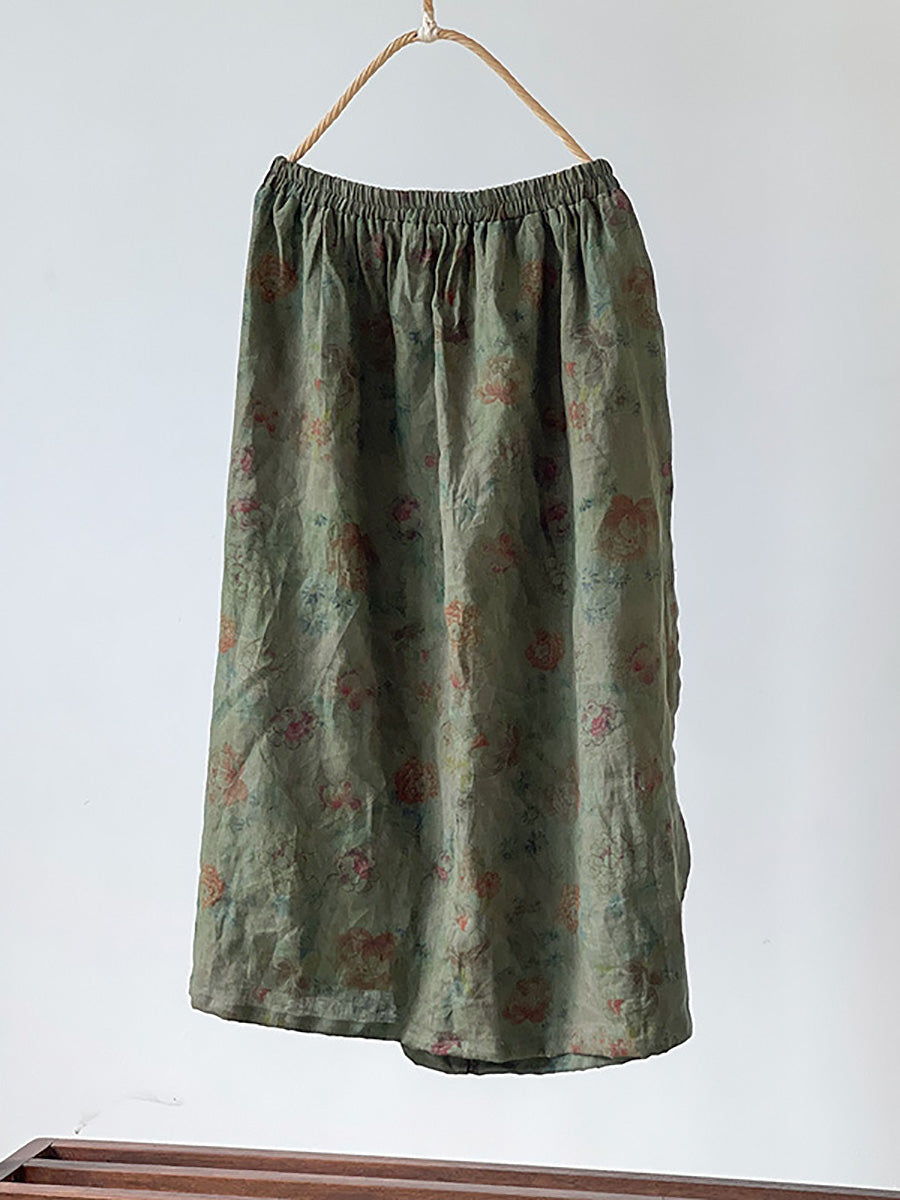 Women Summer Vintage Flower Loose Linen Skirt PP1017