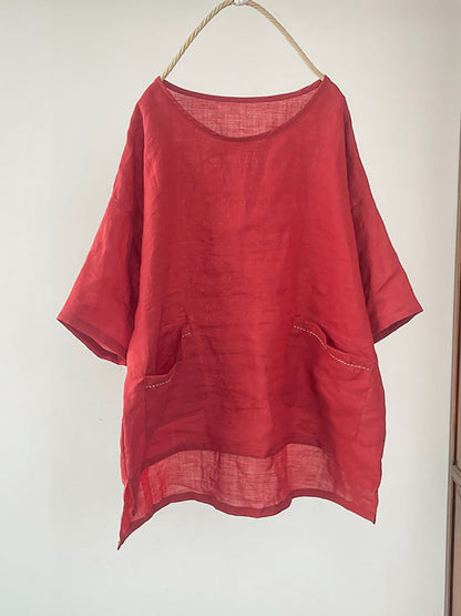 Chemise ample en ramie pour femme, couleur unie, vintage, été, PP1016