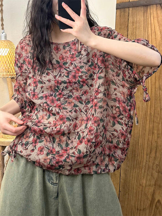 Women Summer Floral Strap O-Neck Ramie Shirt PP1015