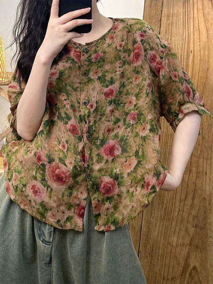 Chemise d'été boutonnée en ramie à fleurs vintage pour femmes PP1019