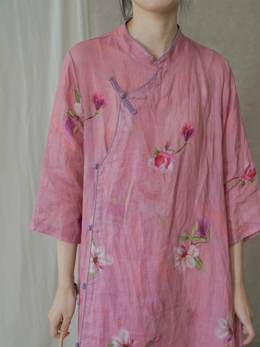 Women Summer Artsy Flower Ramie Robe Dress HH035