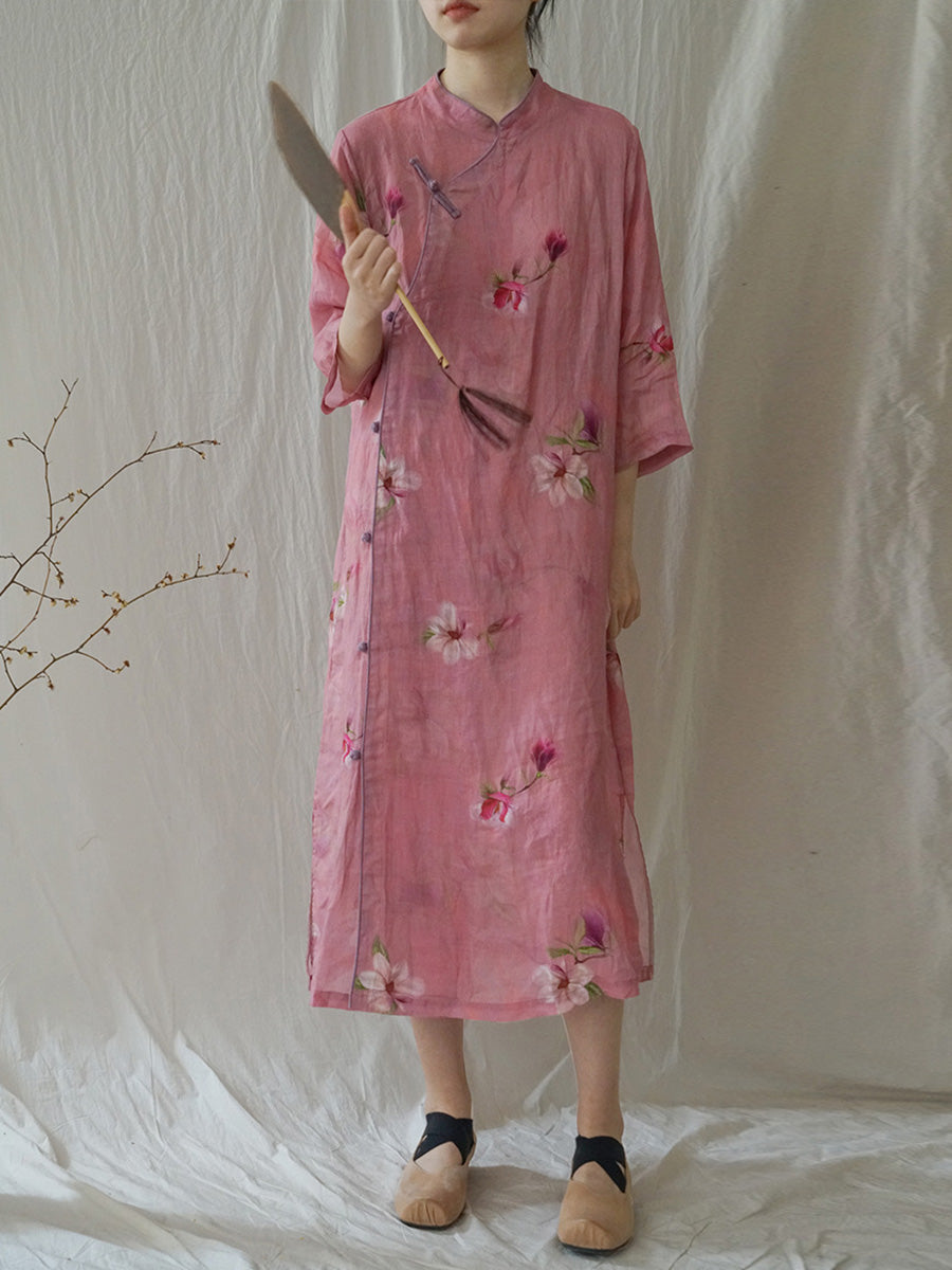 Women Summer Artsy Flower Ramie Robe Dress HH035