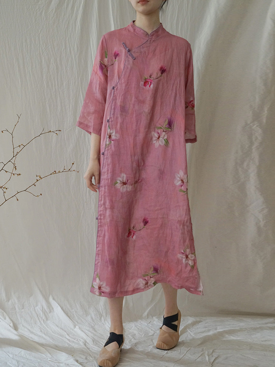 Women Summer Artsy Flower Ramie Robe Dress HH035