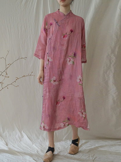 Robe d'été en ramie à fleurs artistiques pour femmes HH035