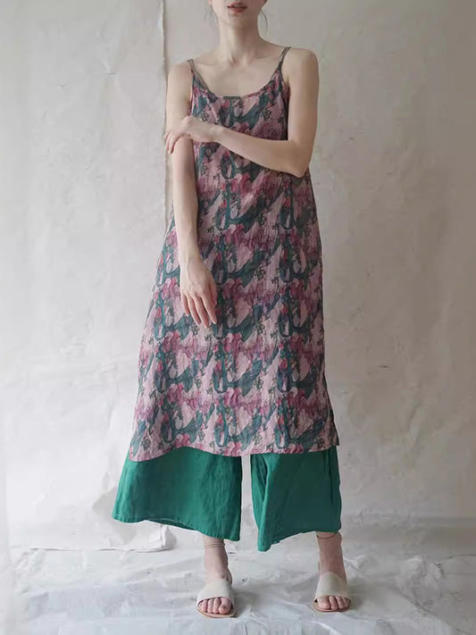 Women Summer Artsy Print Thin Ramie Vest Dress HH050