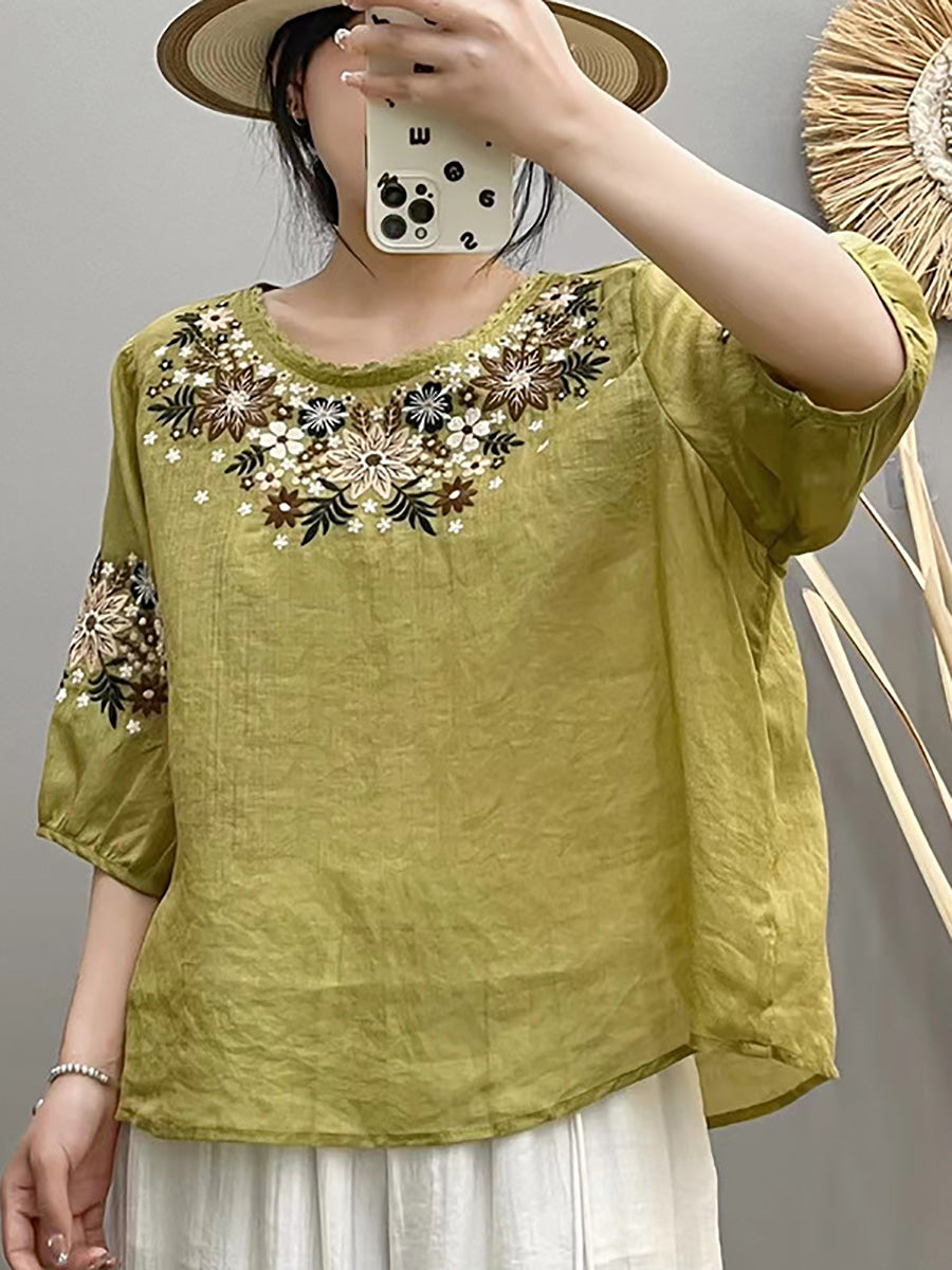 Women Summer Artsy Embroidery O-Neck Ramie Shirt HH005