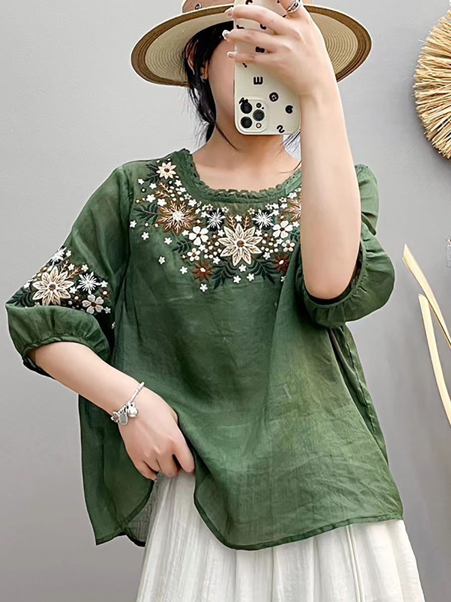 Women Summer Artsy Embroidery O-Neck Ramie Shirt HH005