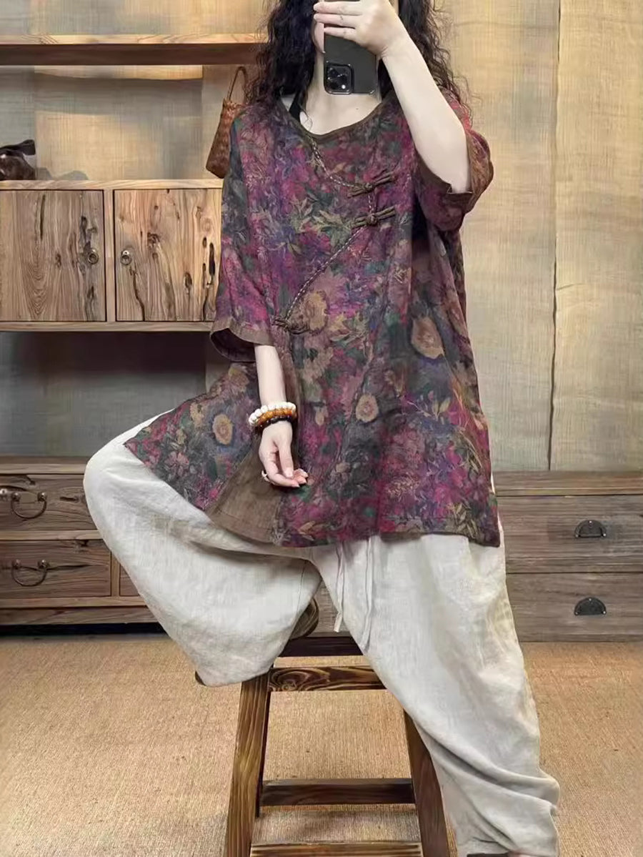 Women Summer Ethnic Flower Buckle O-Neck Linen Shirt HH010