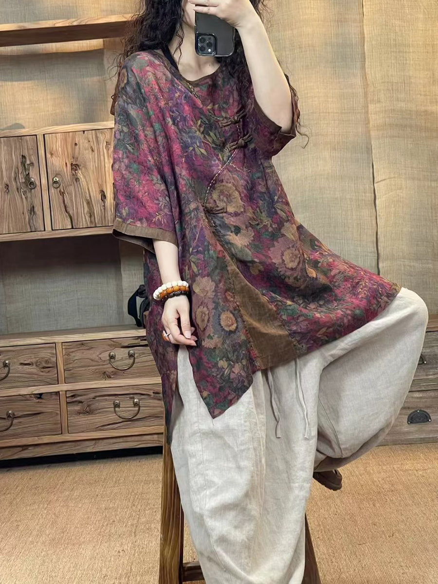 Women Summer Ethnic Flower Buckle O-Neck Linen Shirt HH010