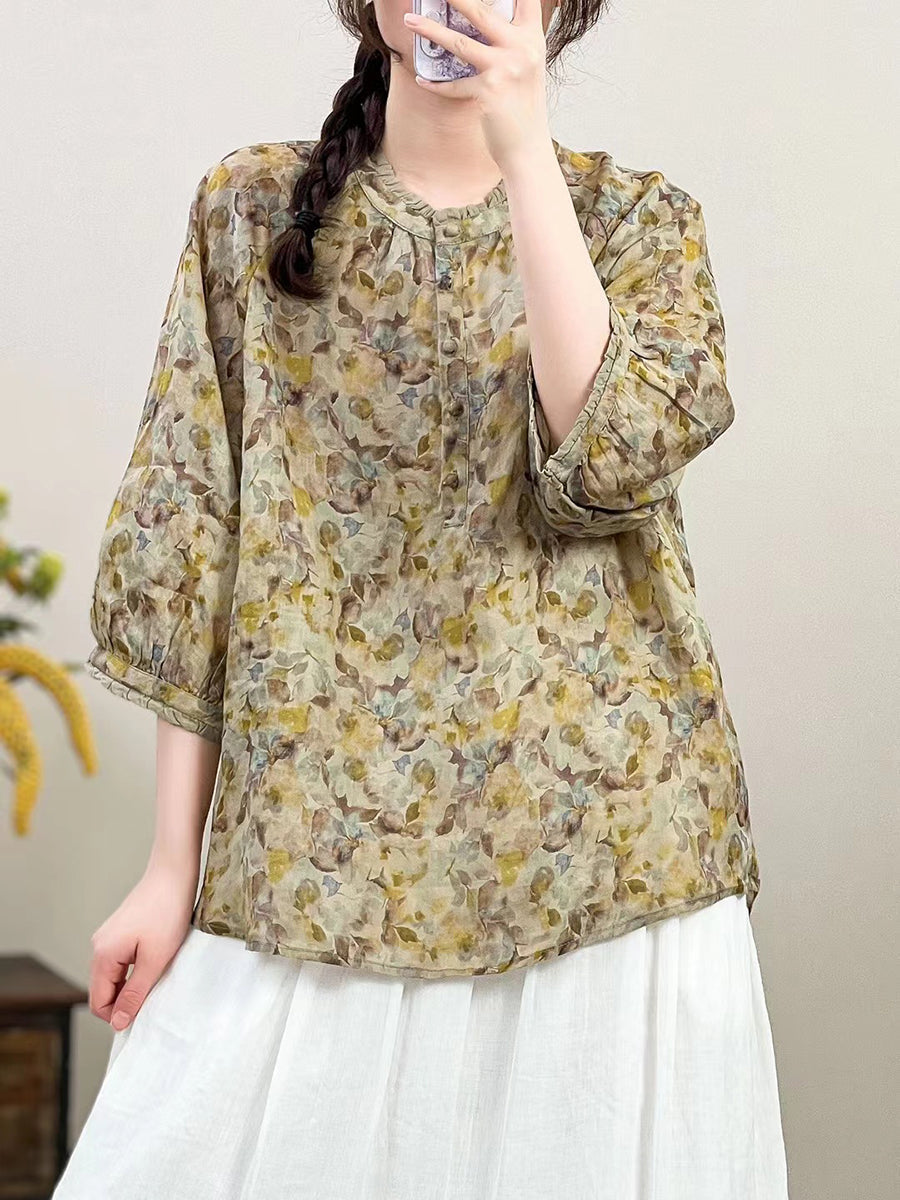 Women Summer  Artsy Flower O-Neck Ramie Shirt HH011