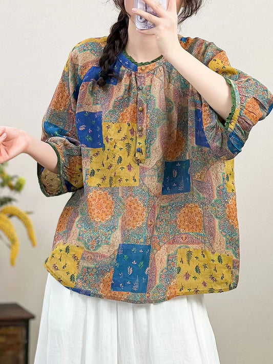 Women Summer  Artsy Flower O-Neck Ramie Shirt HH011