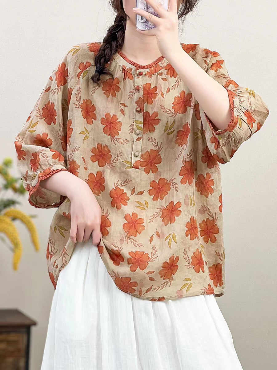 Women Summer  Artsy Flower O-Neck Ramie Shirt HH011