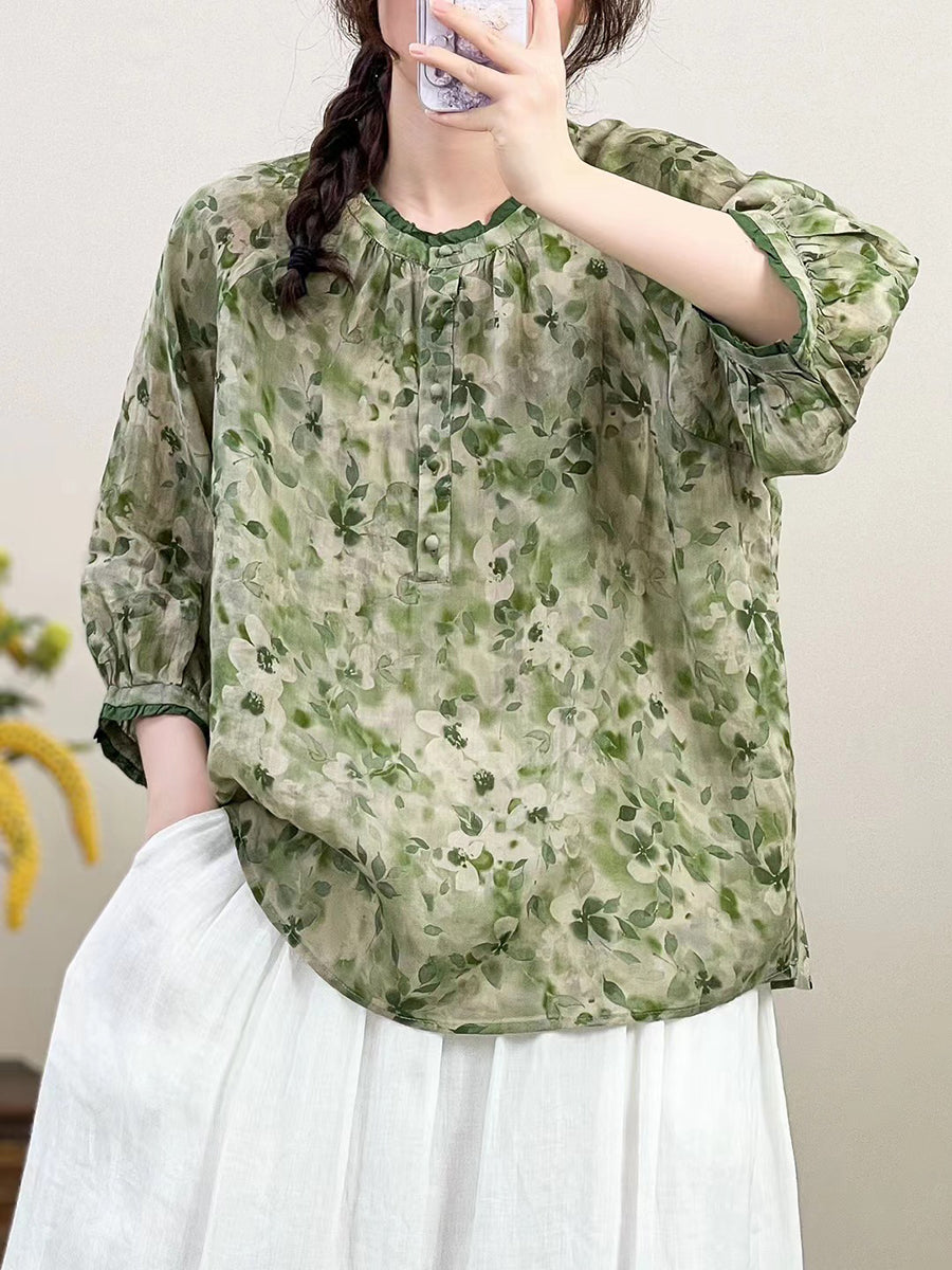 Women Summer  Artsy Flower O-Neck Ramie Shirt HH011