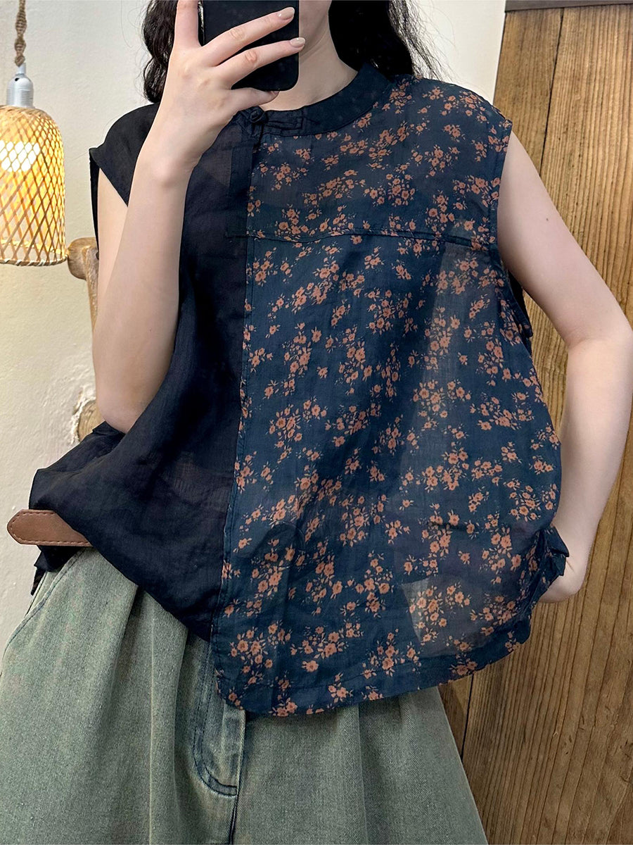 Women Summer Vintage Flower Spliced O-Neck Ramie Shirt HH015