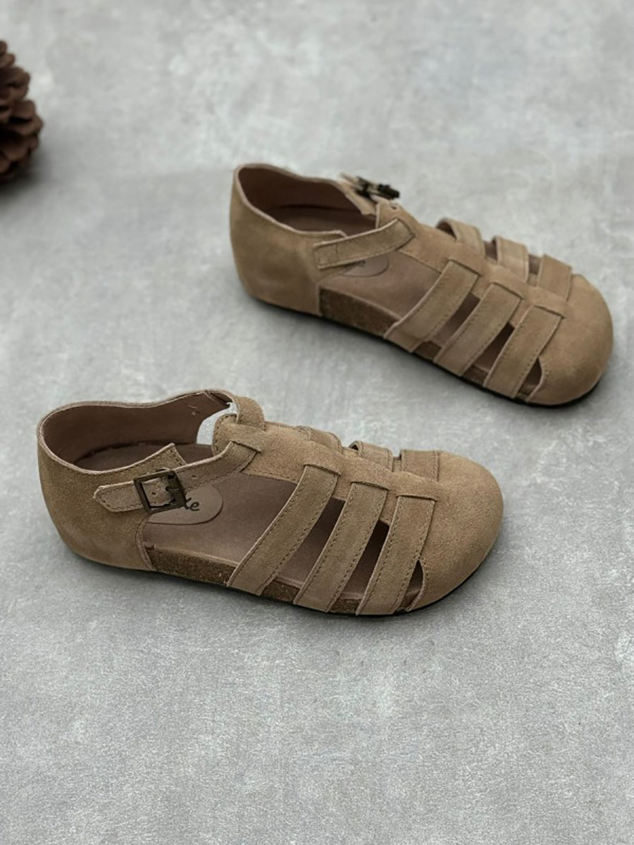 Frauen Sommer Casual Leder Gespleißt Flache Sandalen HH023