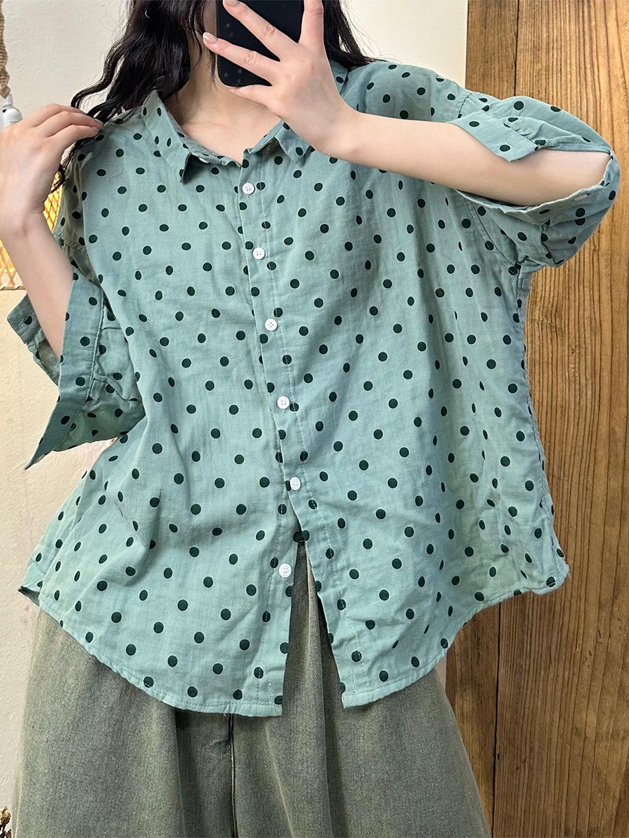 Women Summer Casual Dot Button-up Cotton Shirt HH020