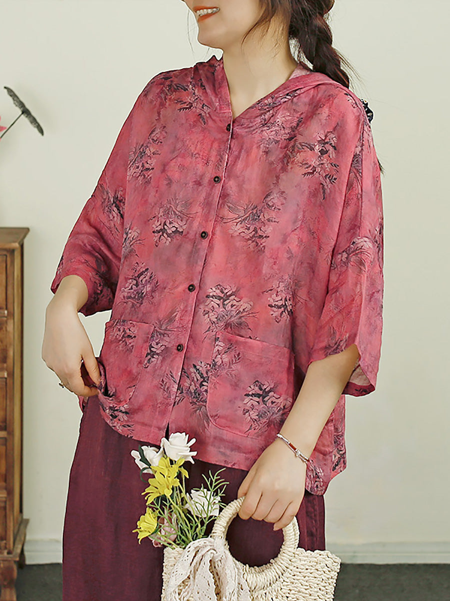 Women Summer Flower Print Button-up Ramie Hooded Shirt LL036