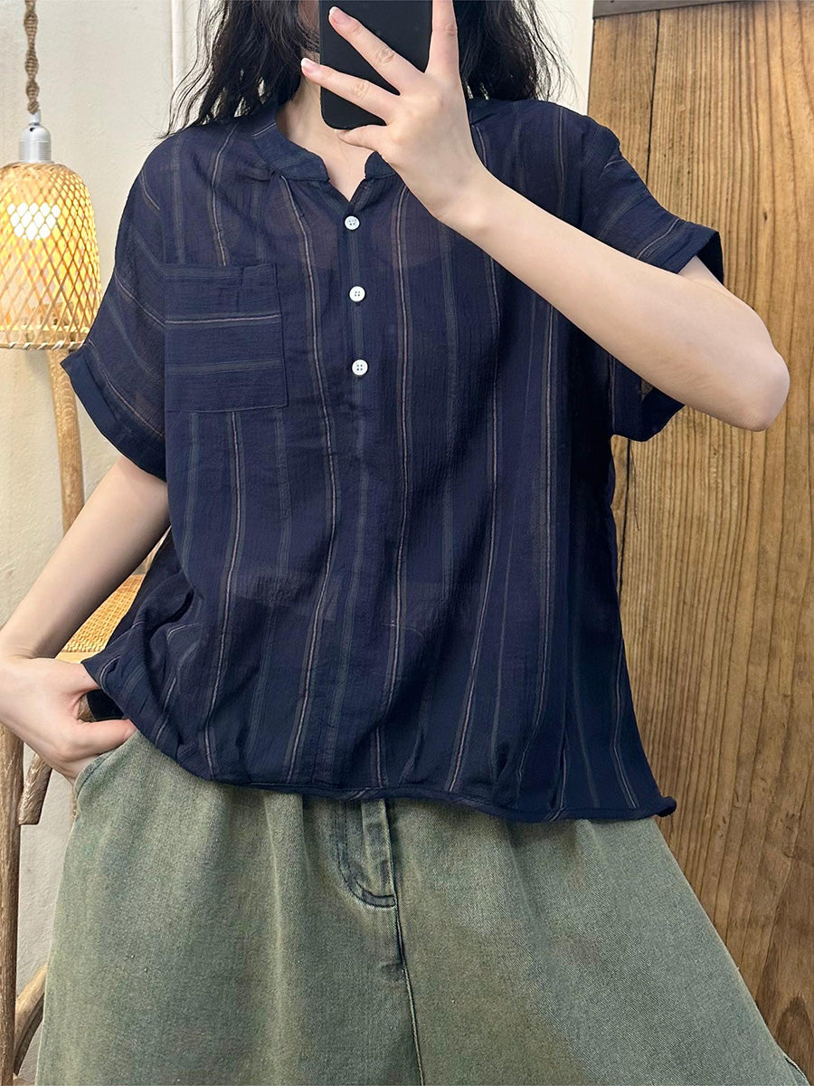 Women Summer Casual Stripe Colorblock Linen Loose Shirt LL045