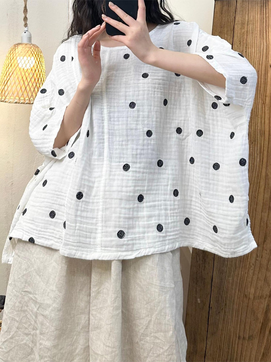 Women Summer Artsy Dot Loose Cotton Shirt LL050