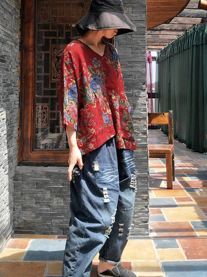 Women Vintage Flower V-Neck  Irregular Spliced Cotton Shirt RR026