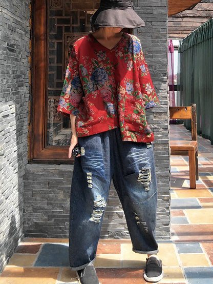 Women Vintage Flower V-Neck  Irregular Spliced Cotton Shirt RR026