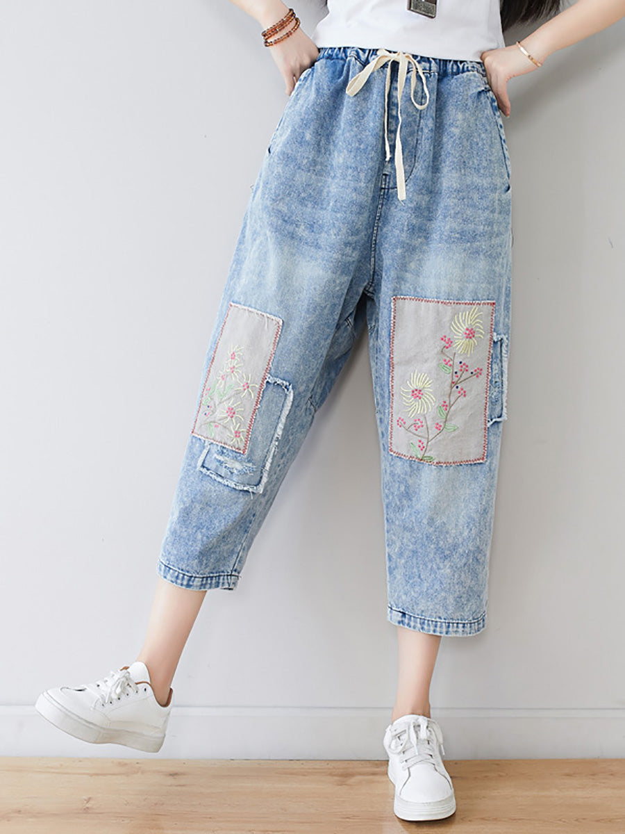 Damen Sommer Vintage Blumen Patch Gespleißte Jeanshose LL006