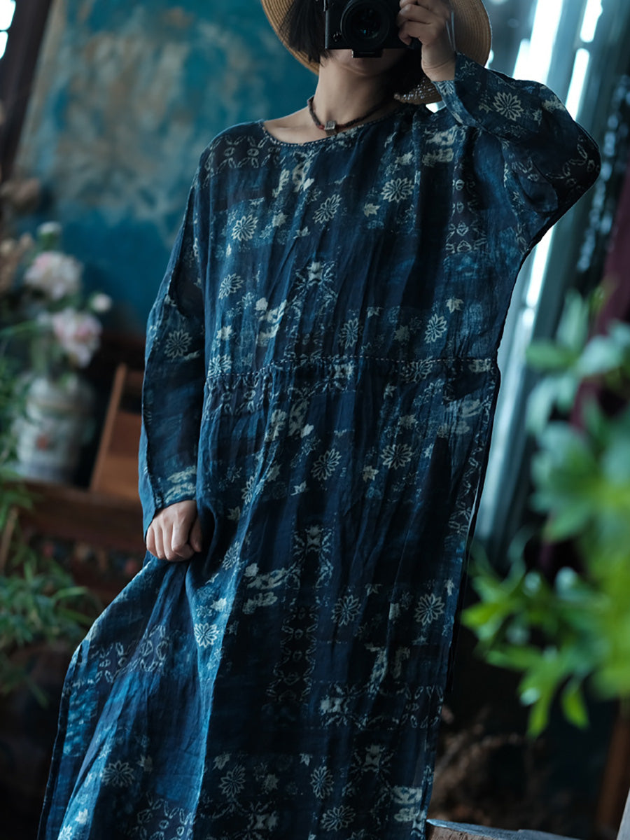 Women Spring Vintage Flower Loose Ramie Dress LL009