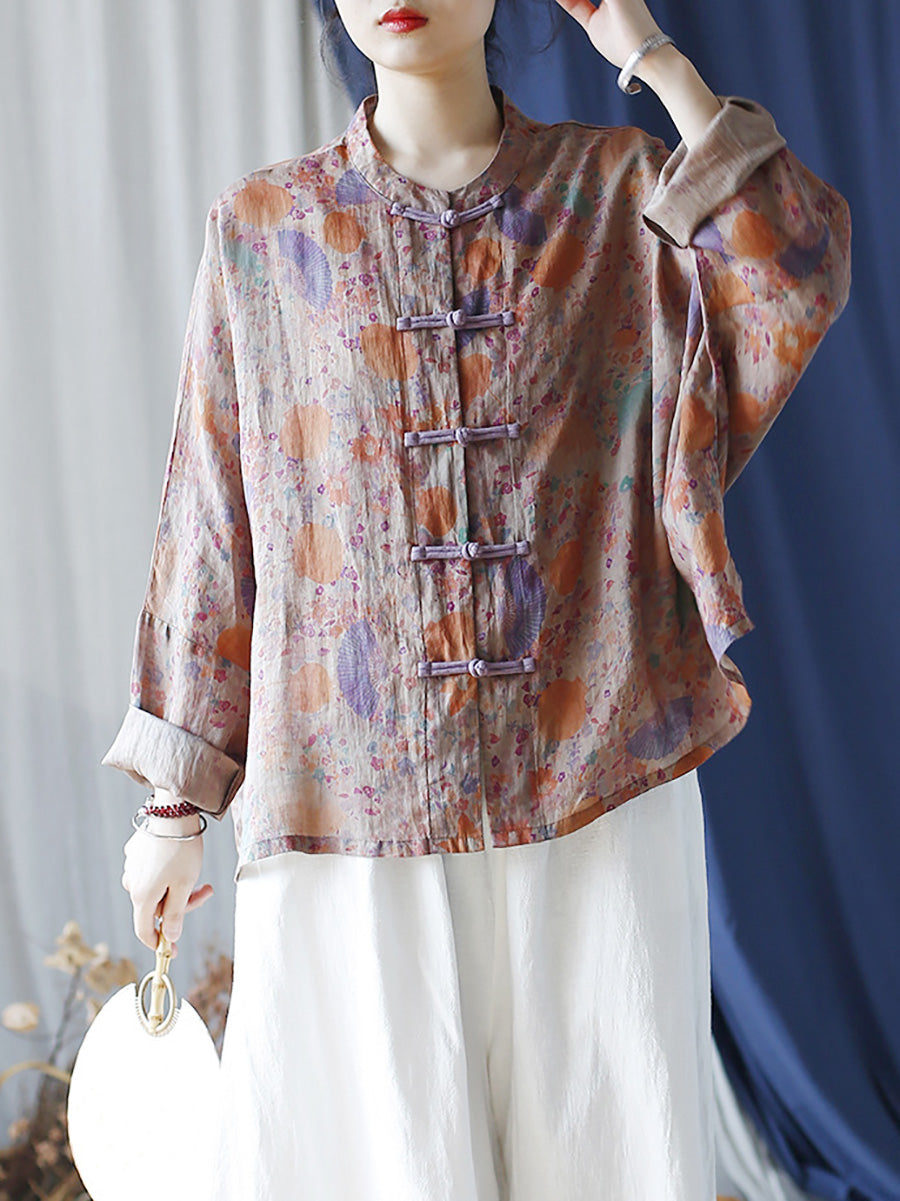 Women Summer Vintage Floral Button-up Ramie Shirt LL021