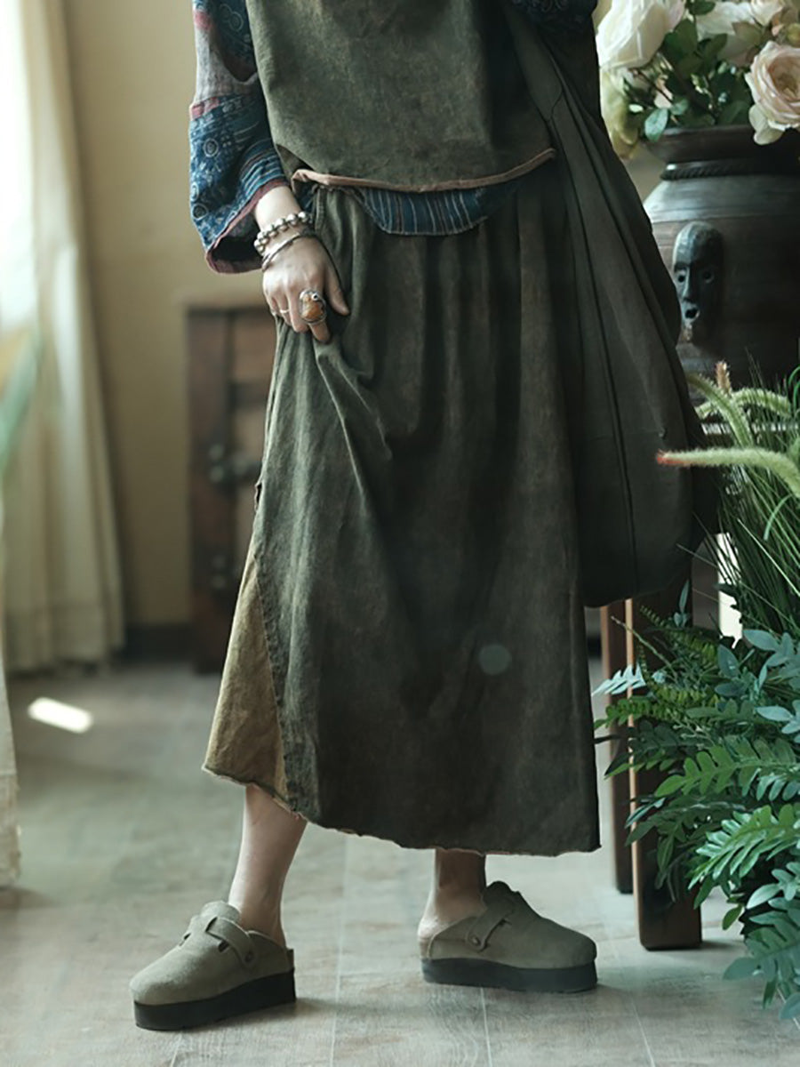 Women Summer Vintage Spliced Worn Loose Cotton Skirt CC040