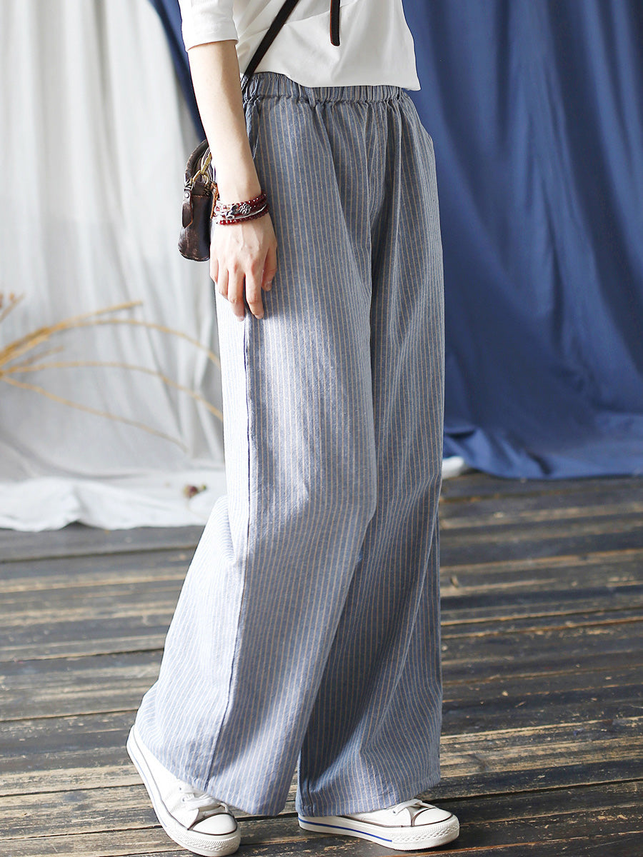 Women Summer Artsy Stripe Wide-leg Linen Cotton Pants CC042