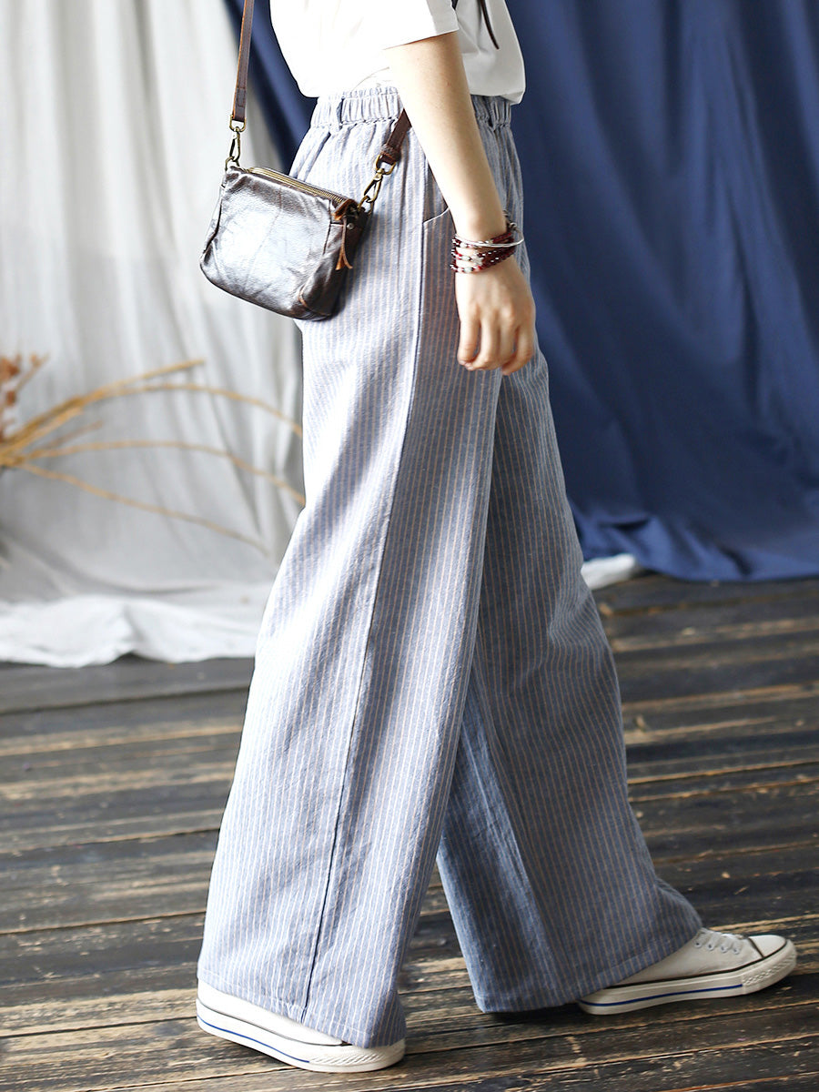 Women Summer Artsy Stripe Wide-leg Linen Cotton Pants CC042