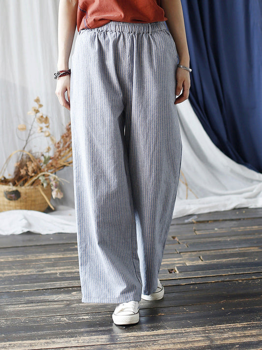 Women Summer Artsy Stripe Wide-leg Linen Cotton Pants CC042