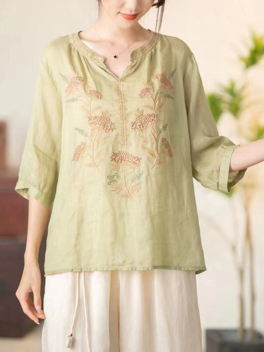 Women Summer Vintage Flower Embroidery V-neck Ramie Shirt CC036