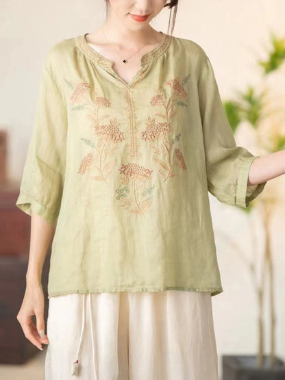 Chemise d'été en ramie à col en V et broderie florale vintage pour femme CC036