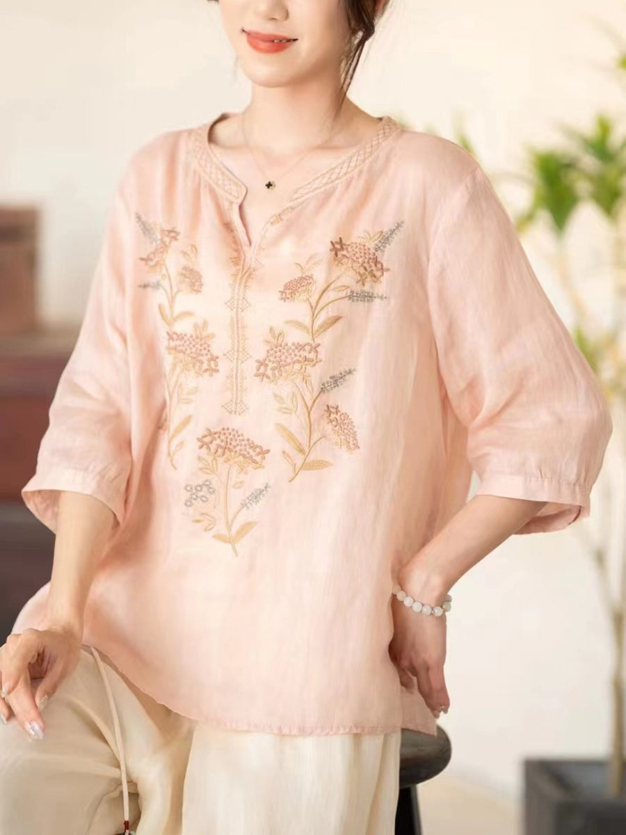 Women Summer Vintage Flower Embroidery V-neck Ramie Shirt CC036