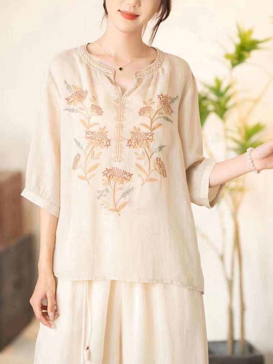 Women Summer Vintage Flower Embroidery V-neck Ramie Shirt CC036