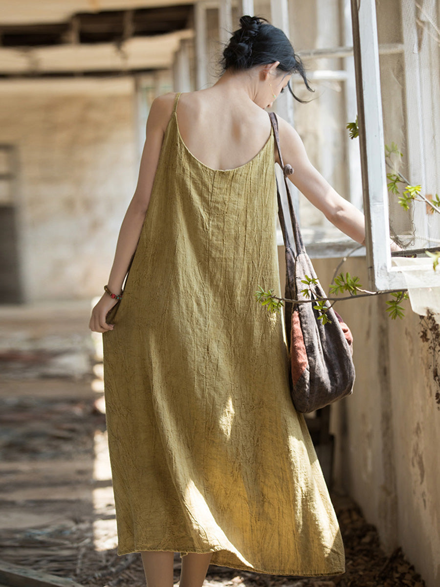 Women Summer Vintage Solid Loose Linen Cotton Vest Dress CC007