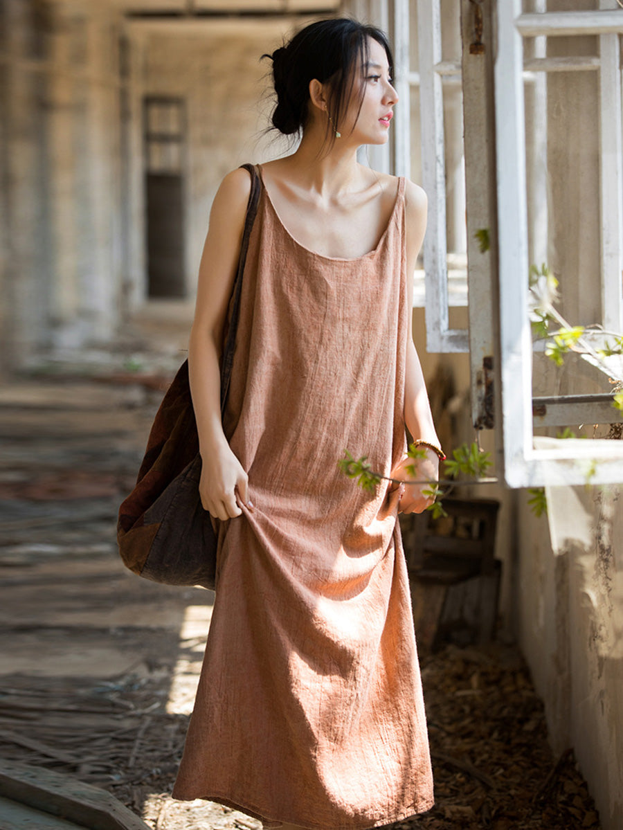 Women Summer Vintage Solid Loose Linen Cotton Vest Dress CC007