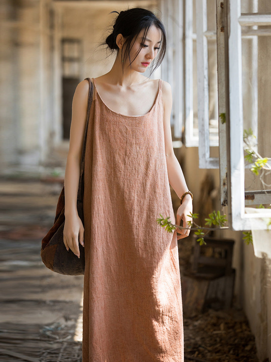 Women Summer Vintage Solid Loose Linen Cotton Vest Dress CC007