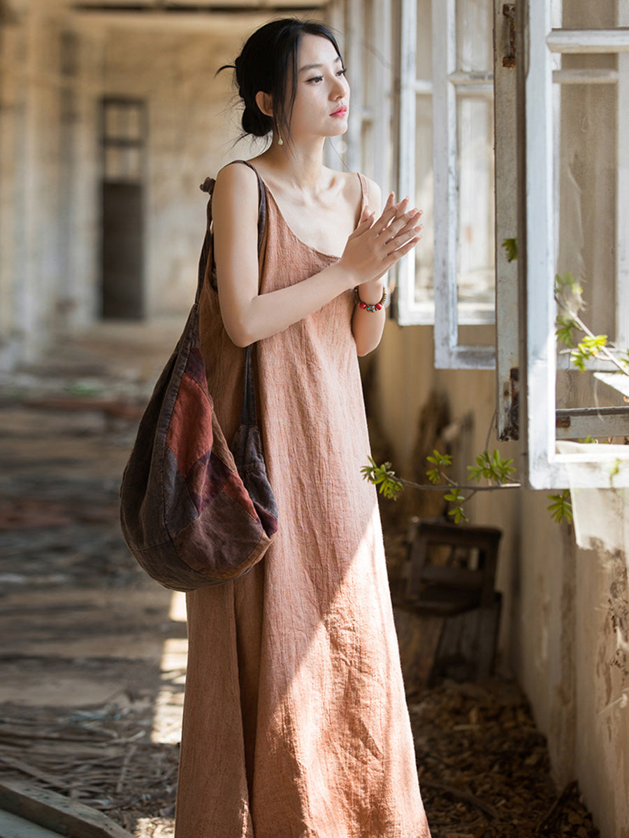 Women Summer Vintage Solid Loose Linen Cotton Vest Dress CC007