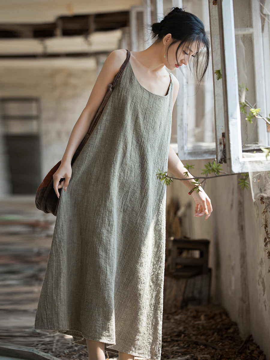 Women Summer Vintage Solid Loose Linen Cotton Vest Dress CC007